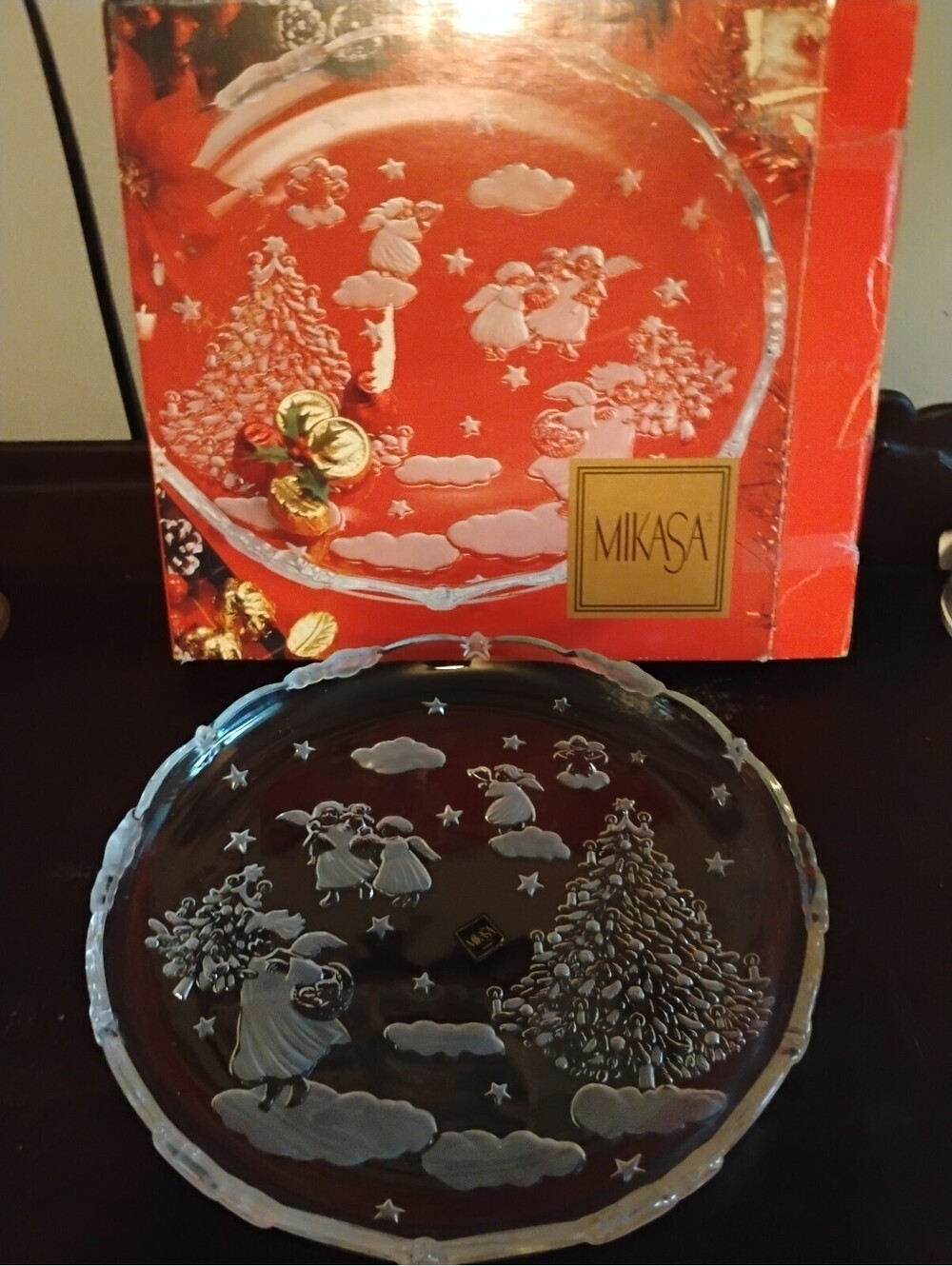 Mikasa Etched Glass Holiday Serving Plate with Angels and Christmas Tree
